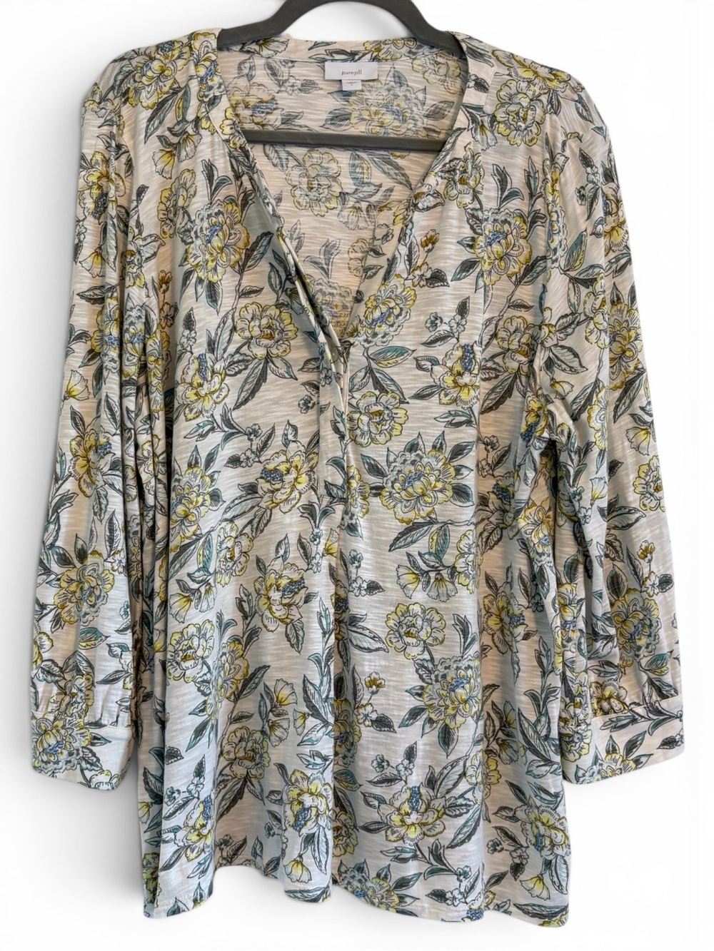 J. Jill PureJill Floral V-Neck Top | Cream, Yellow & Green | Women’s Top Size L